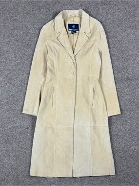Vintage Blue Asphalt Tan Suede Leather Long Coat Women’s Medium 90s Y2K Jacket